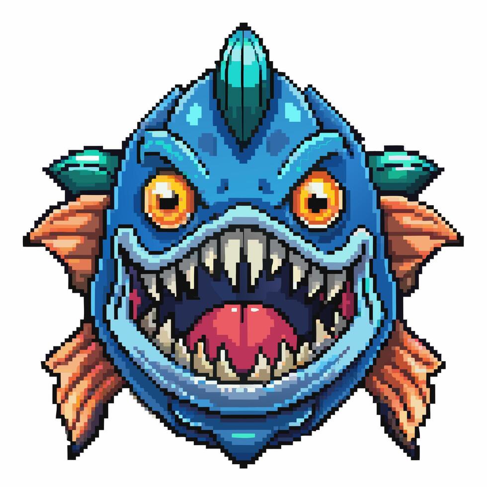 Pixel Art Vicious Blue Fish with Sharp Teeth and Orange Eyes vector
