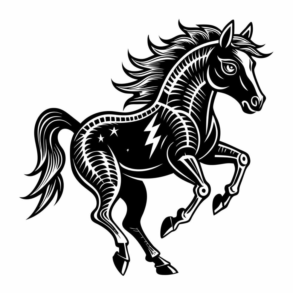Bold Black and White Horse Illustration with Dynamic Patterns and Stars vector