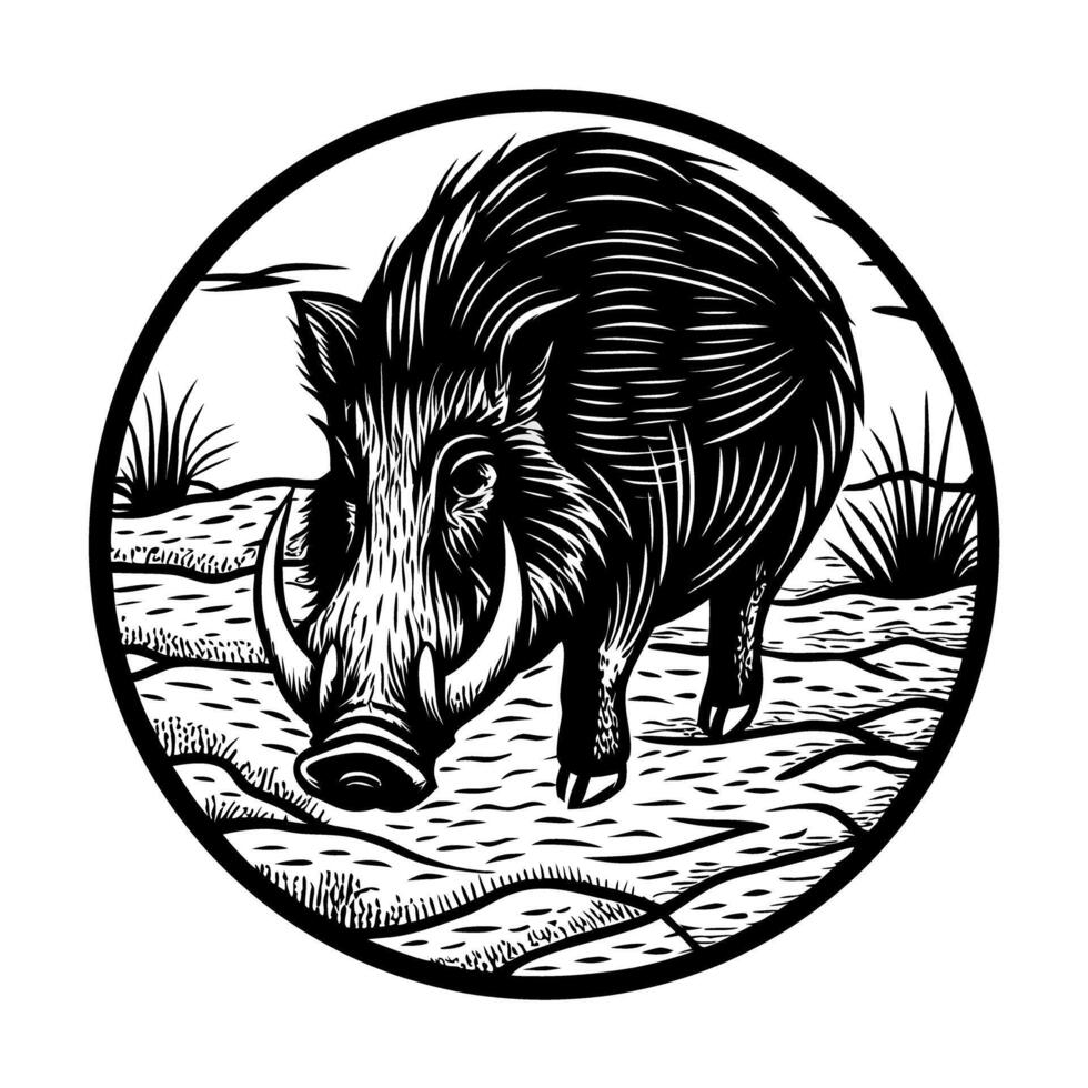 Wild boar illustrated in vintage black and white circular design vector