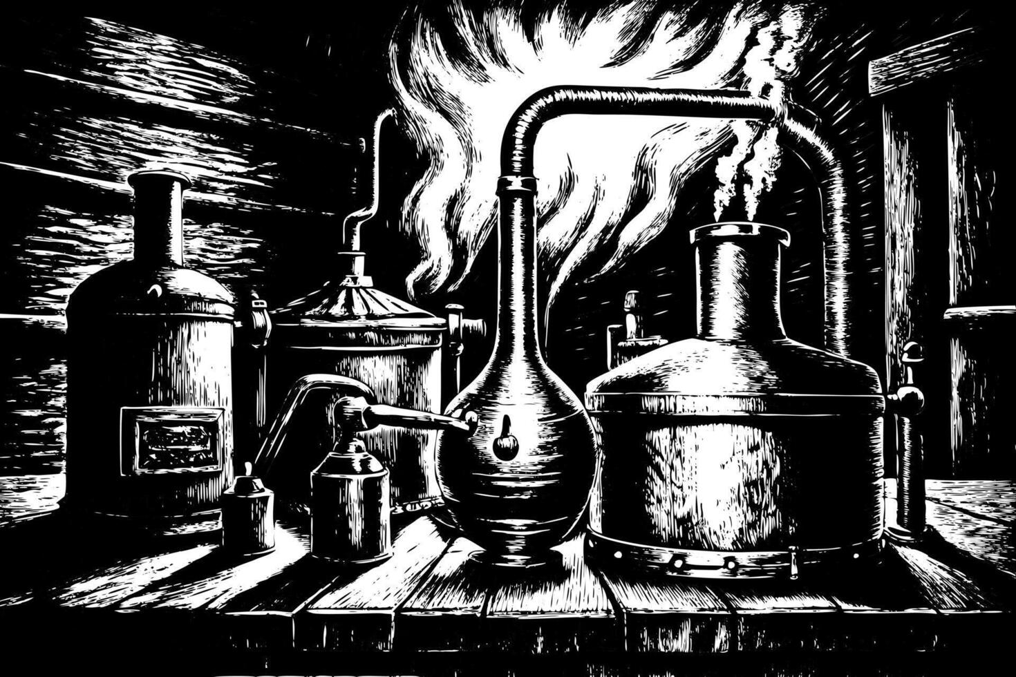 Vintage Distillery Scene Black and White Retro Engraving of Distillation Tanks and Equipment vector