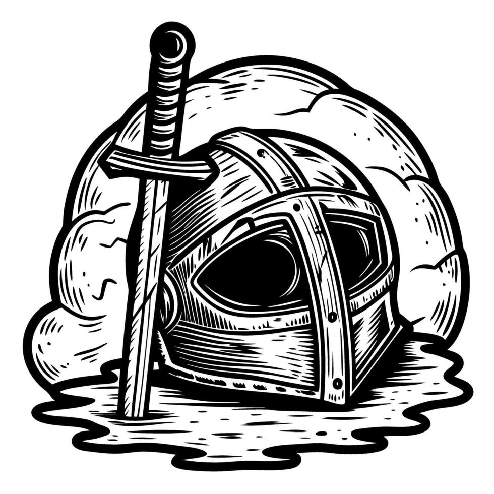 medieval knight helmet and sword illustration armor and weapon in classic black and white vector