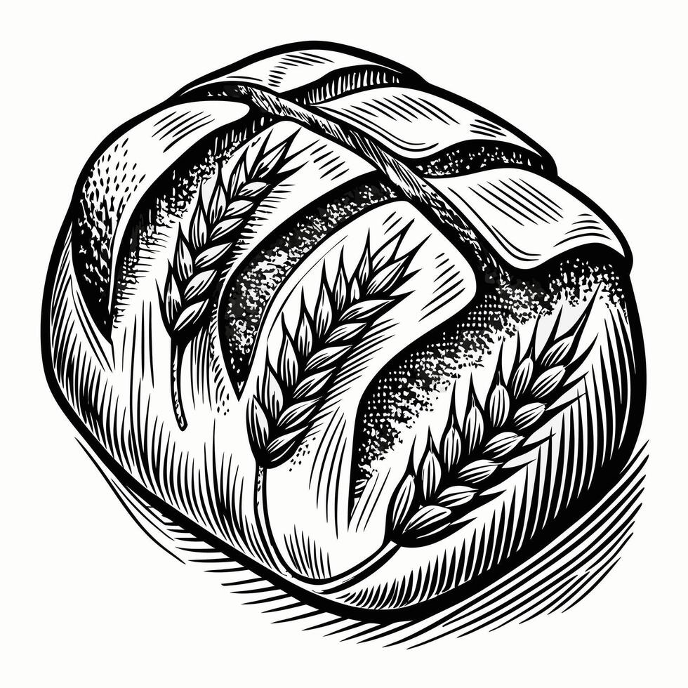 Rustic Bread with Wheat Stalks Engraving Style Illustration vector