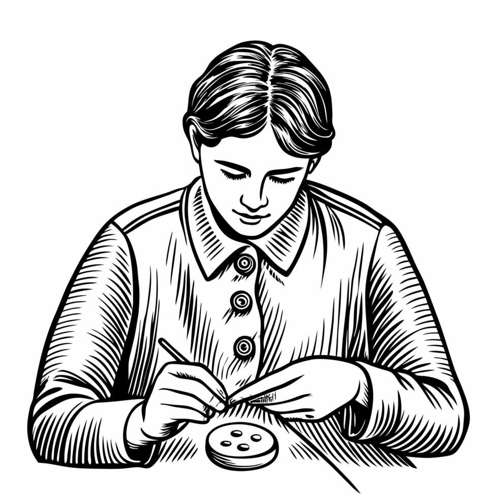 Vintage Hand Drawn Illustration of a Woman Sewing a Button on Fabric vector