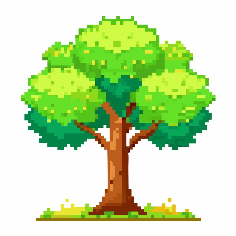 Pixel Art Tree with Green Leaves Isolated on White Background Retro Game Graphic vector