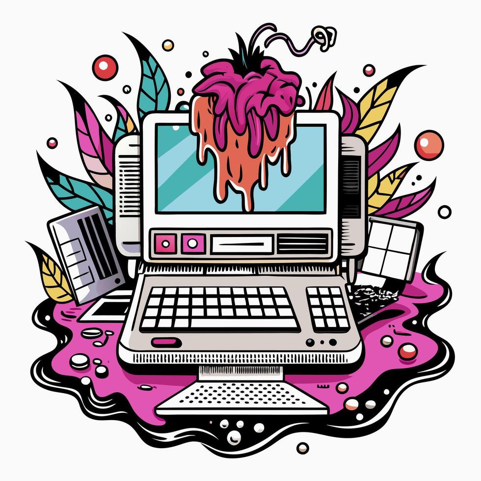 Retro Computer Illustration with Melting Heart and Colorful Abstract Elements vector