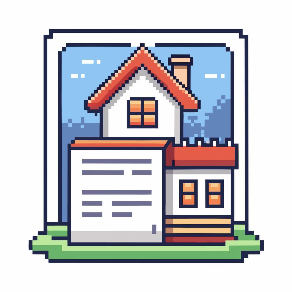 Pixel Art House with Document and Text Insert in Retro 8 bit Style vector