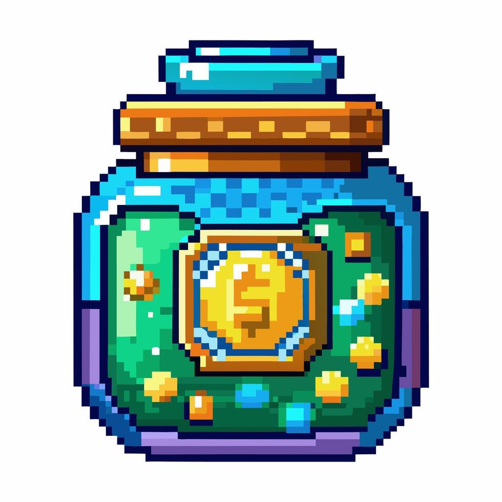 Retro Pixel Art Potion Bottle with Gold Coins and Gems in Vintage Game Style vector