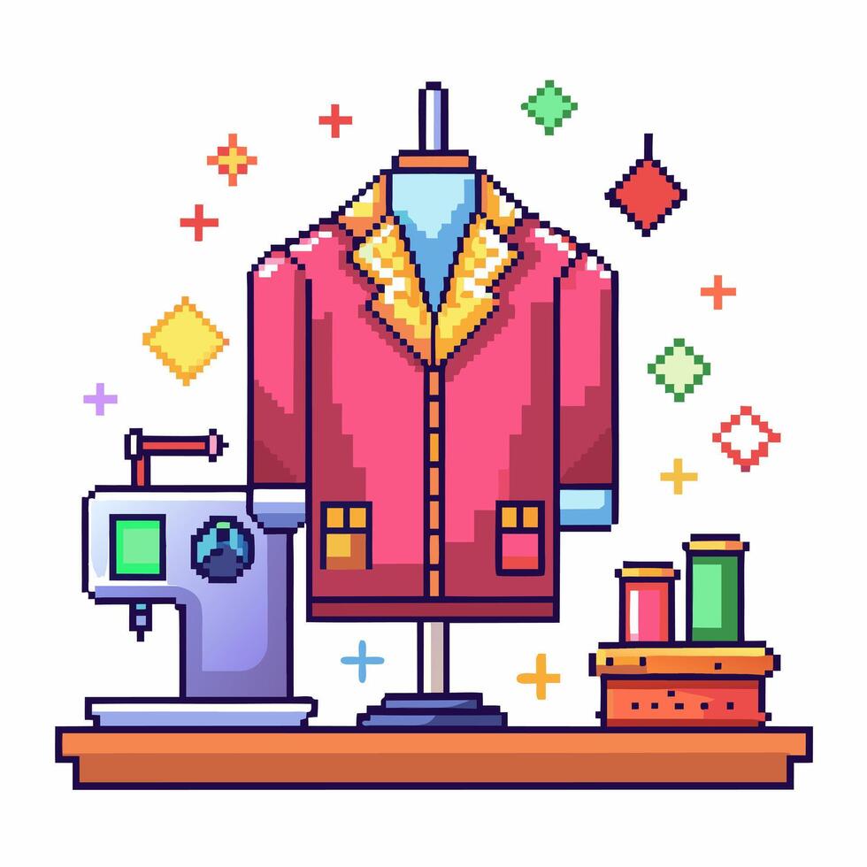 Colorful Pixel Art Seamstress Scene with Sewing Machine and Jacket Display vector
