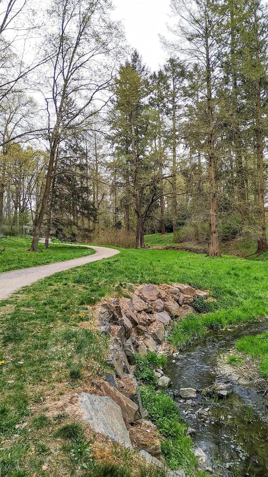 Winding path along a stream in pruhonice park, czechia photo