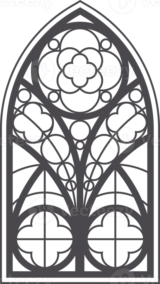 Gothic church window with arched frame. Stained glass. Medieval silhouette of vintage cathedral architecture decorations and geometric ornaments. Christian chapel interior with outlines engravings png