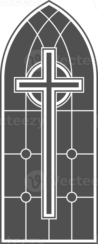 Gothic church window frame with medieval pattern. Stained glass cathedral arch. Vintage catholic architecture shape. Renaissance decoration with cross. png