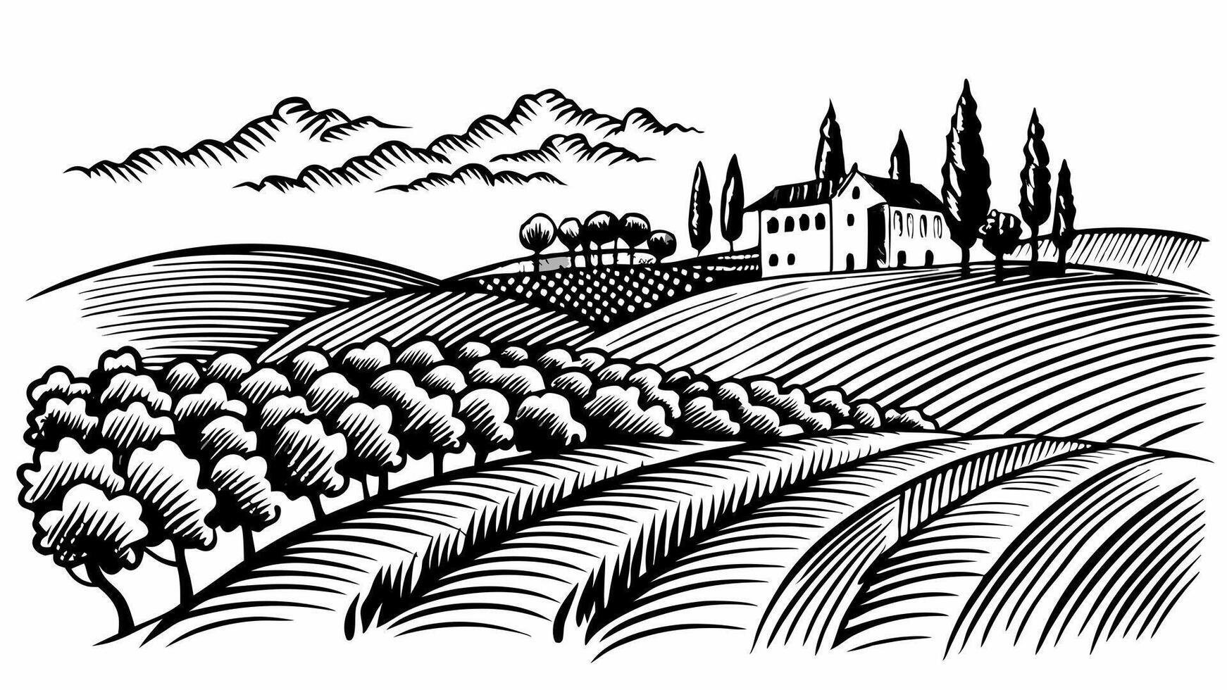 Scenic Countryside Landscape with Rolling Hills and Farmhouse in Vintage Style vector