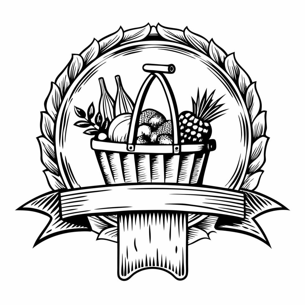 Vintage Harvest Basket Emblem with Fruits and Vegetables in Line Art Style vector