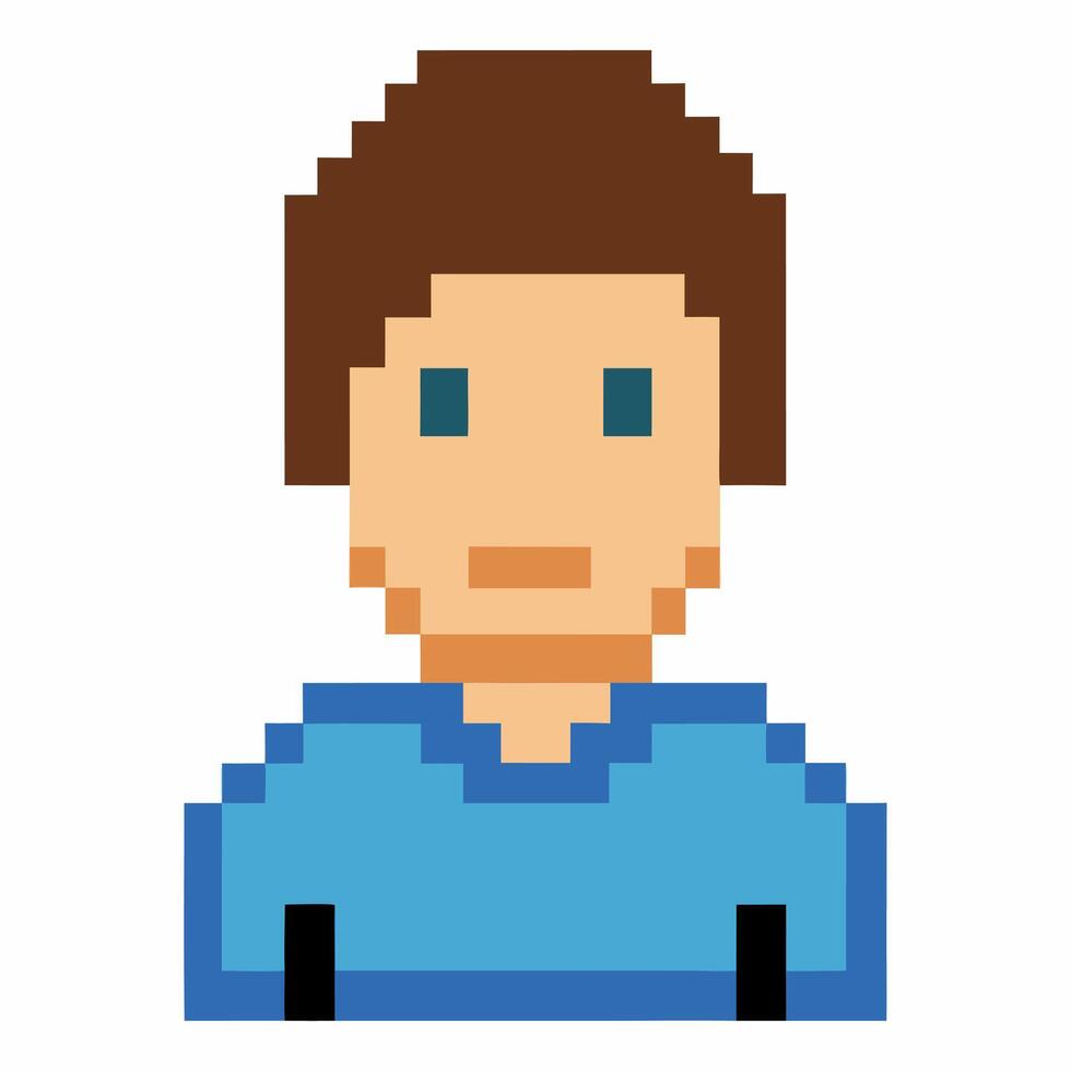Pixel Art Portrait of a Brown Haired Person in a Blue Shirt vector