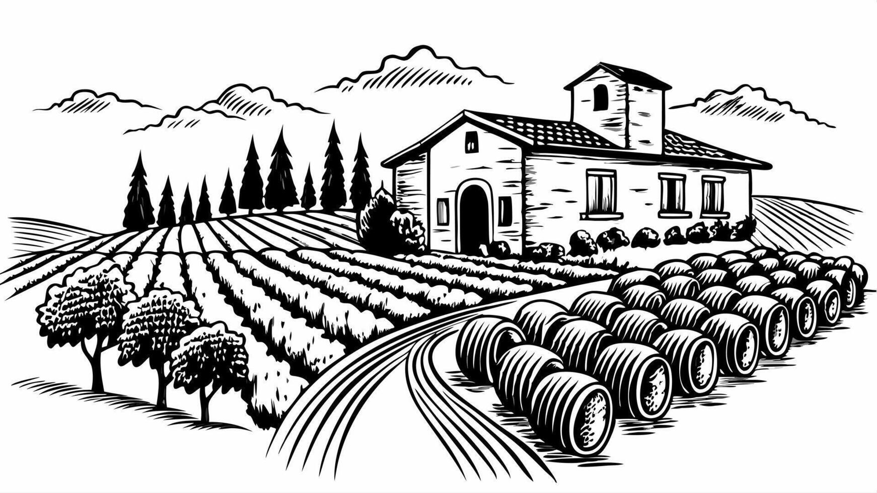 Rustic Vineyard Landscape with Farmhouse and Fields in Retro Style vector