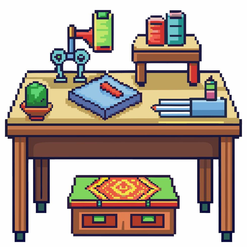 Retro Pixel Art Workspace with Books, Lamp, and Accessories on Wooden Desk vector