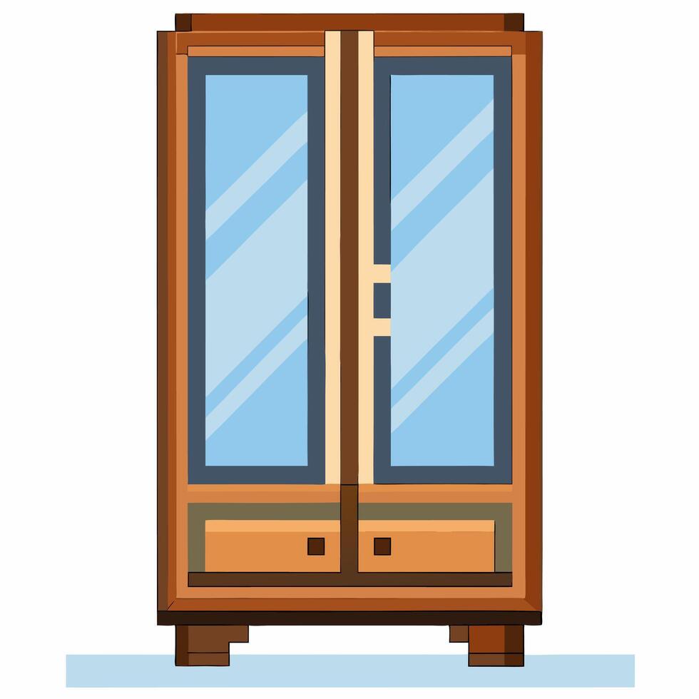 Modern Wooden Wardrobe with Mirrored Doors and Storage Drawers Illustration vector