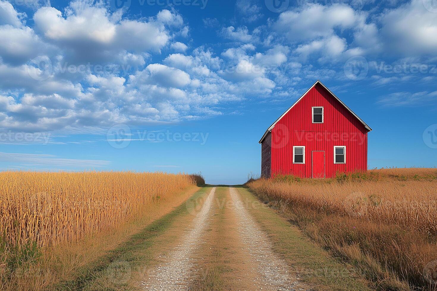 Gravel road leading to a red barn in a cultivated field, celebrating national agriculture day copy space photo