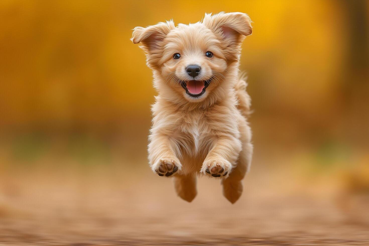 Playful puppy leaping high, golden autumn leaves softly blurring behind energetic canine copy space photo