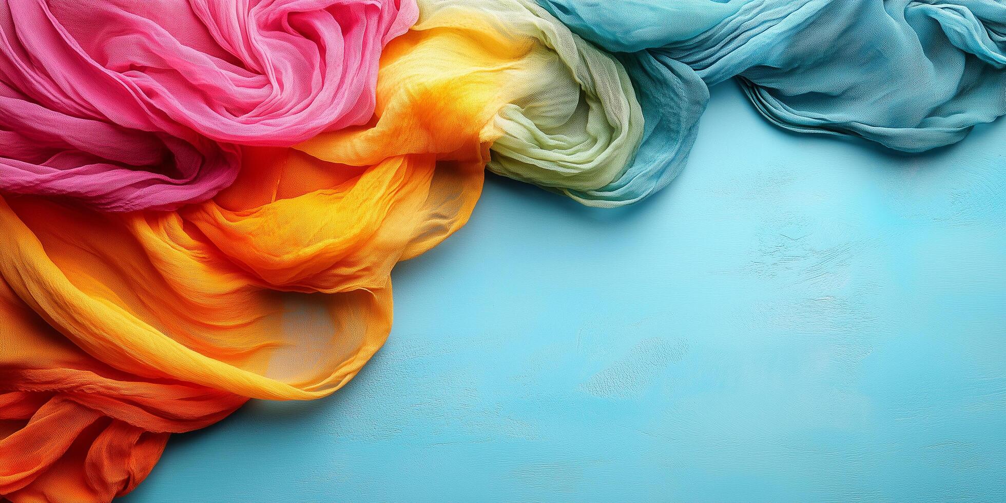 Colorful, billowing fabrics spreading across textured blue backdrop celebrating eid al fitr with vibrant rainbow hues copy space Uraza Bayram photo