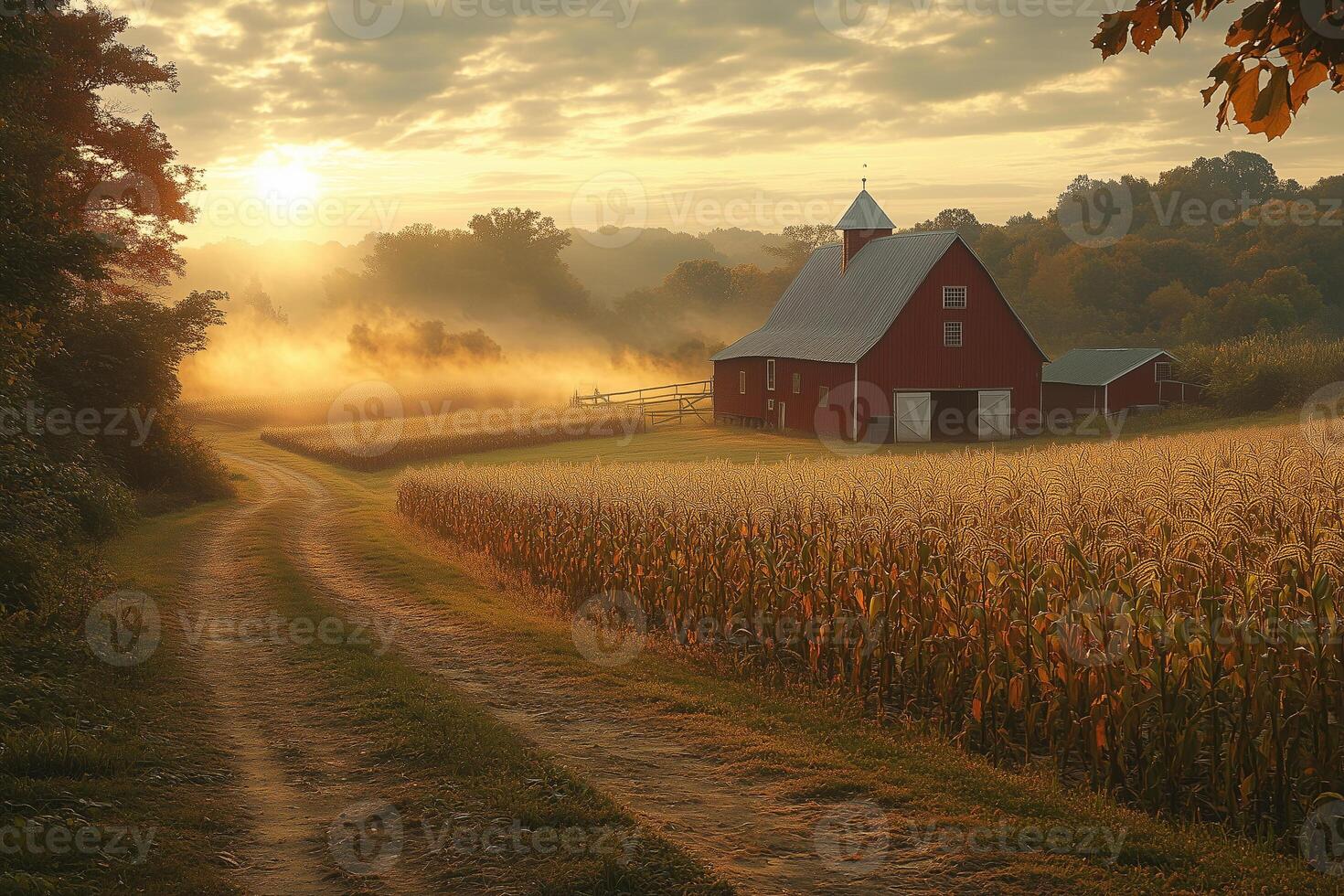 Golden sunrise illuminates a misty cornfield and a classic red barn on a family run farm, celebrating national agriculture day copy space photo
