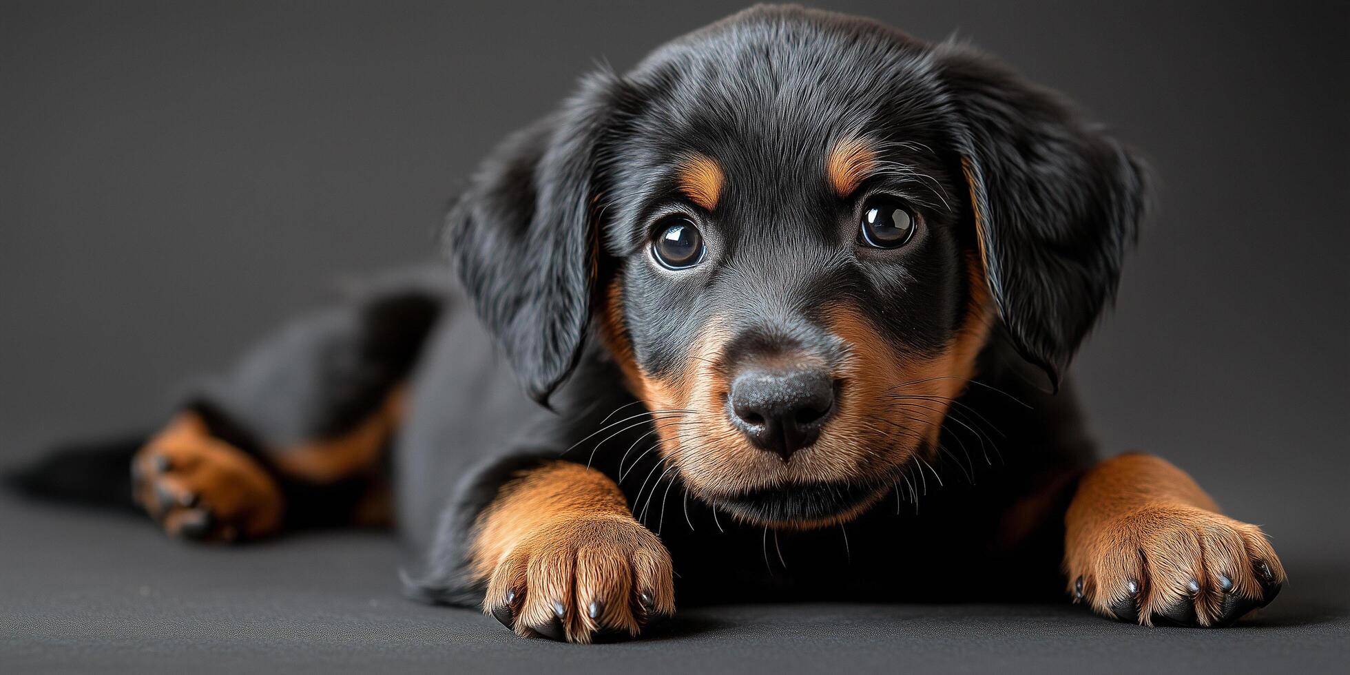Black and tan puppy resting on dark gray studio backdrop, displaying irresistible cuteness and playful demeanor photo