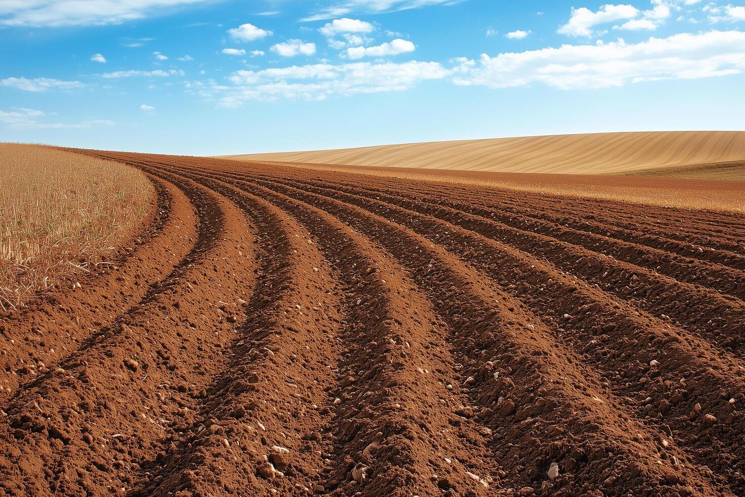 Agricultural landscape revealing red soil furrows, creating undulating pattern through plowing, marking farming productivity photo
