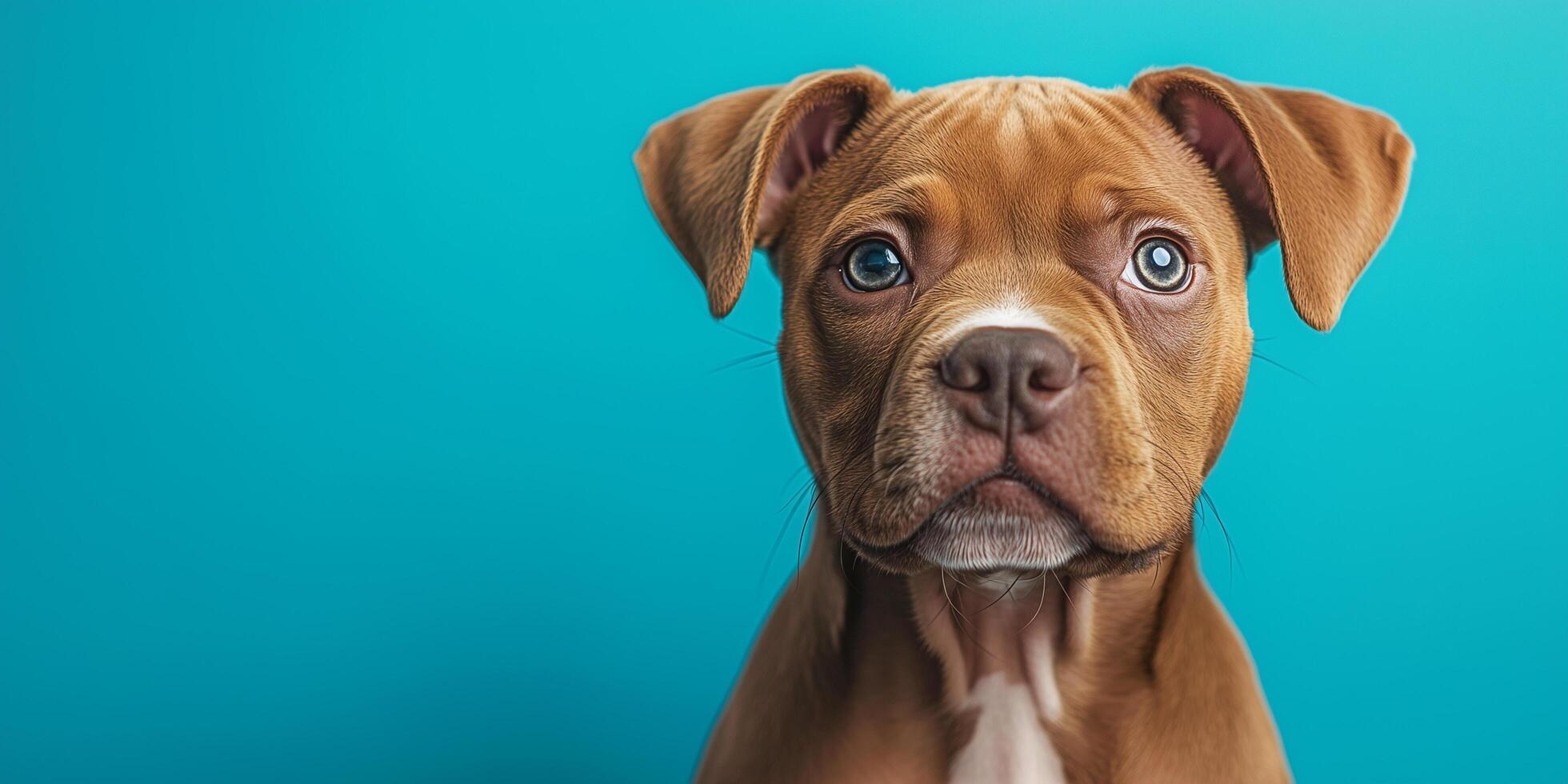 Light eyed brown puppy sitting against vivid blue backdrop, highlighting canine cuteness and playful charm copy space photo
