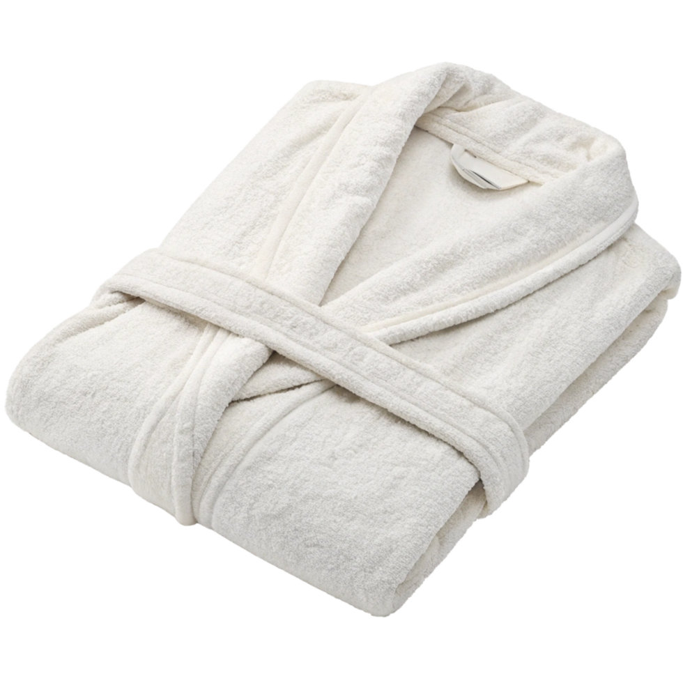 A white bath robe with a white towel on a transparent background png