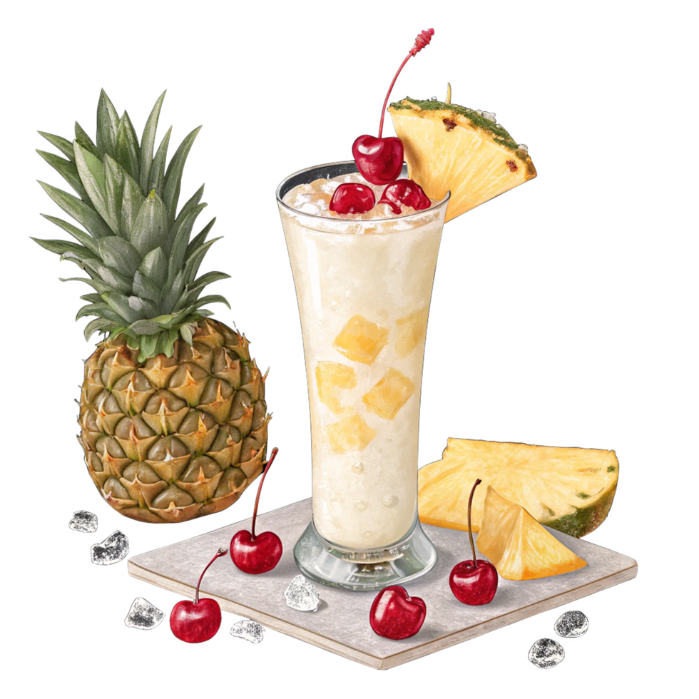 Creamy oine colada cocktail with pineapple and cherry png