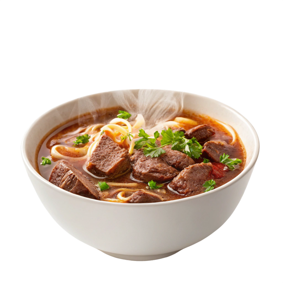 Delicious beef noodles on transparent background png