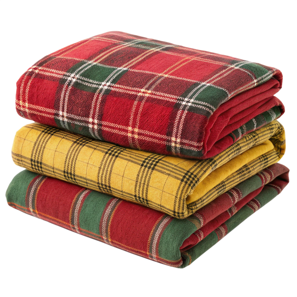 Cozy plaid blanket stack warmth and comfort on transparent background png
