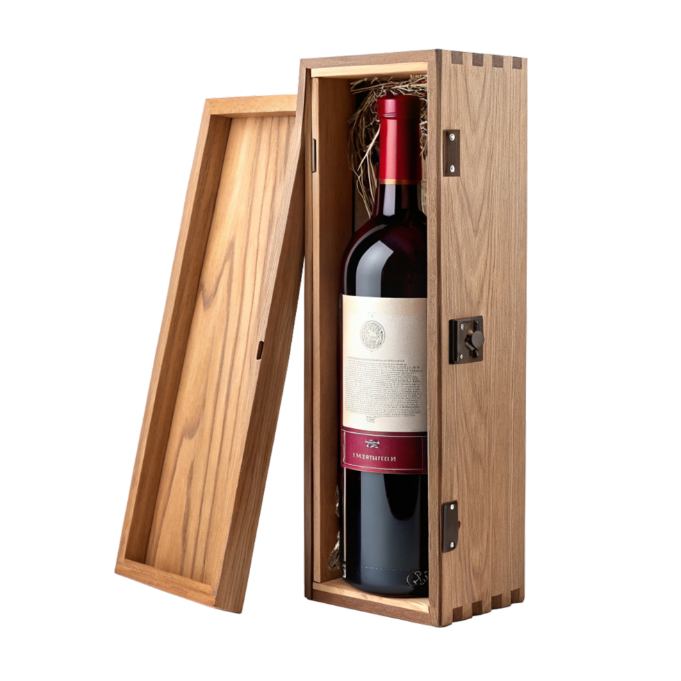Elegant red wine bottle in wooden box png