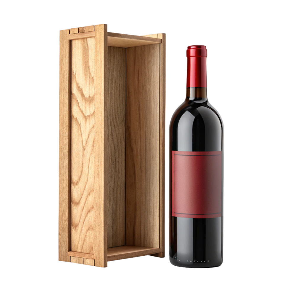 Elegant red wine bottle with wooden box png