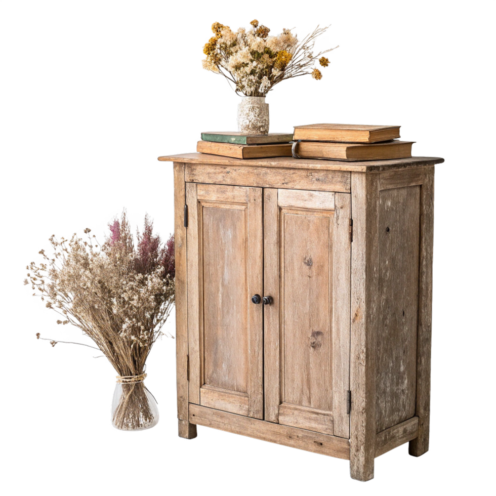 Rustic wooden cabinet with dried flower and books isolated png