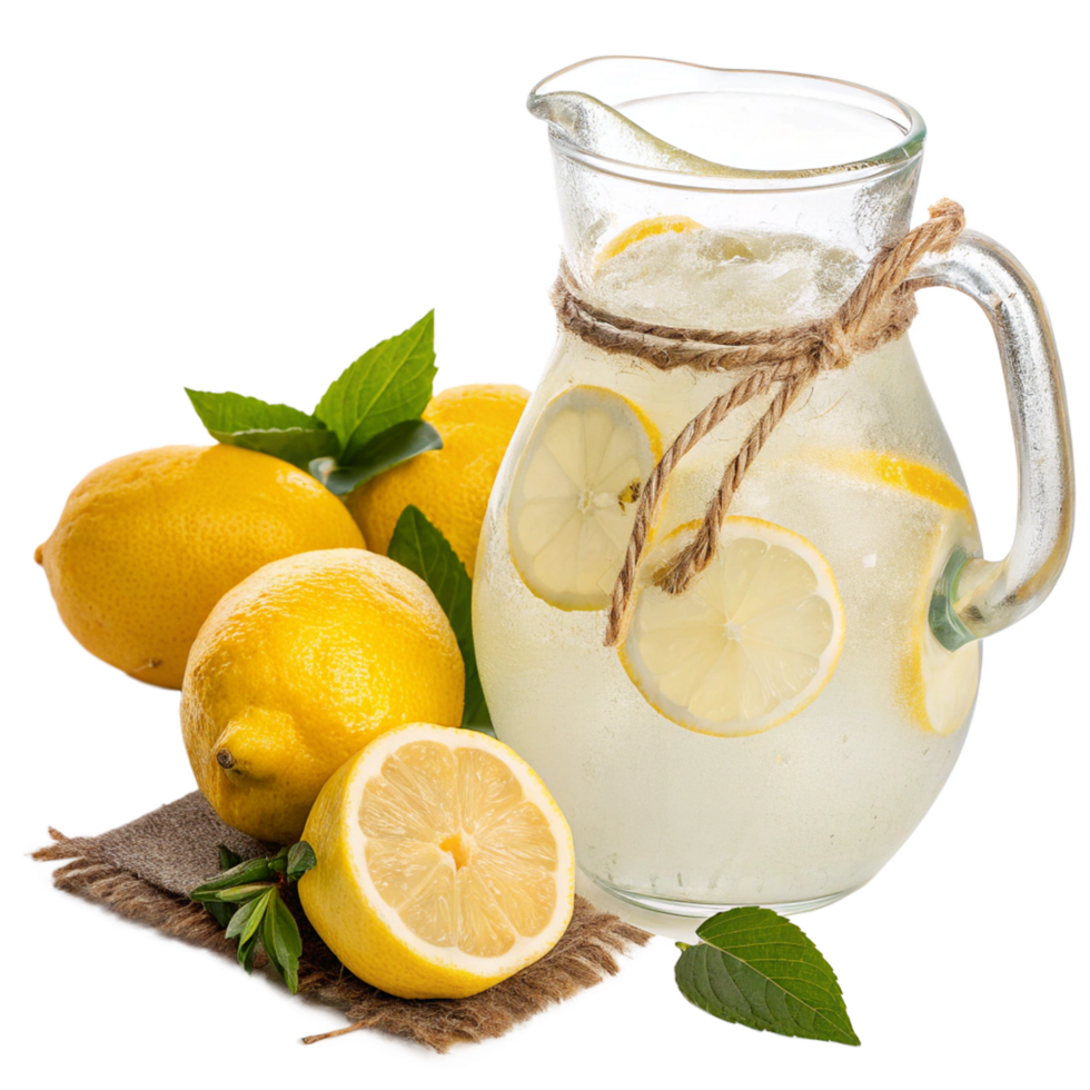 Refreshing lemonade pitcher with lemon isolated png