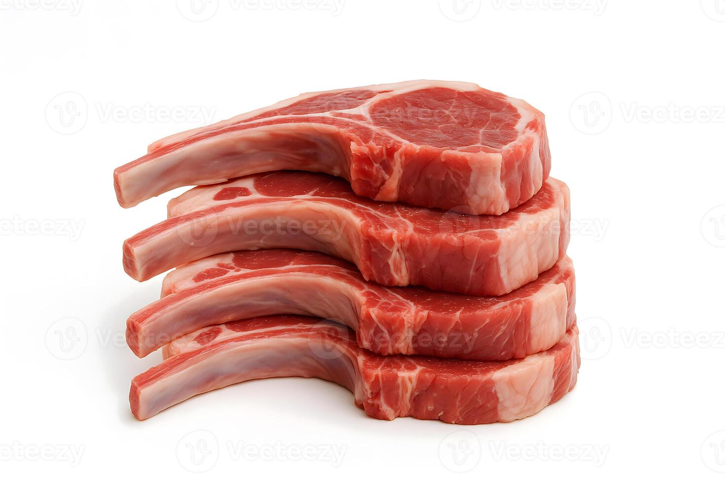 Stack of raw lamb chops with bone on white background, fresh uncooked meat ideal for grilling, roasting, or gourmet preparation photo