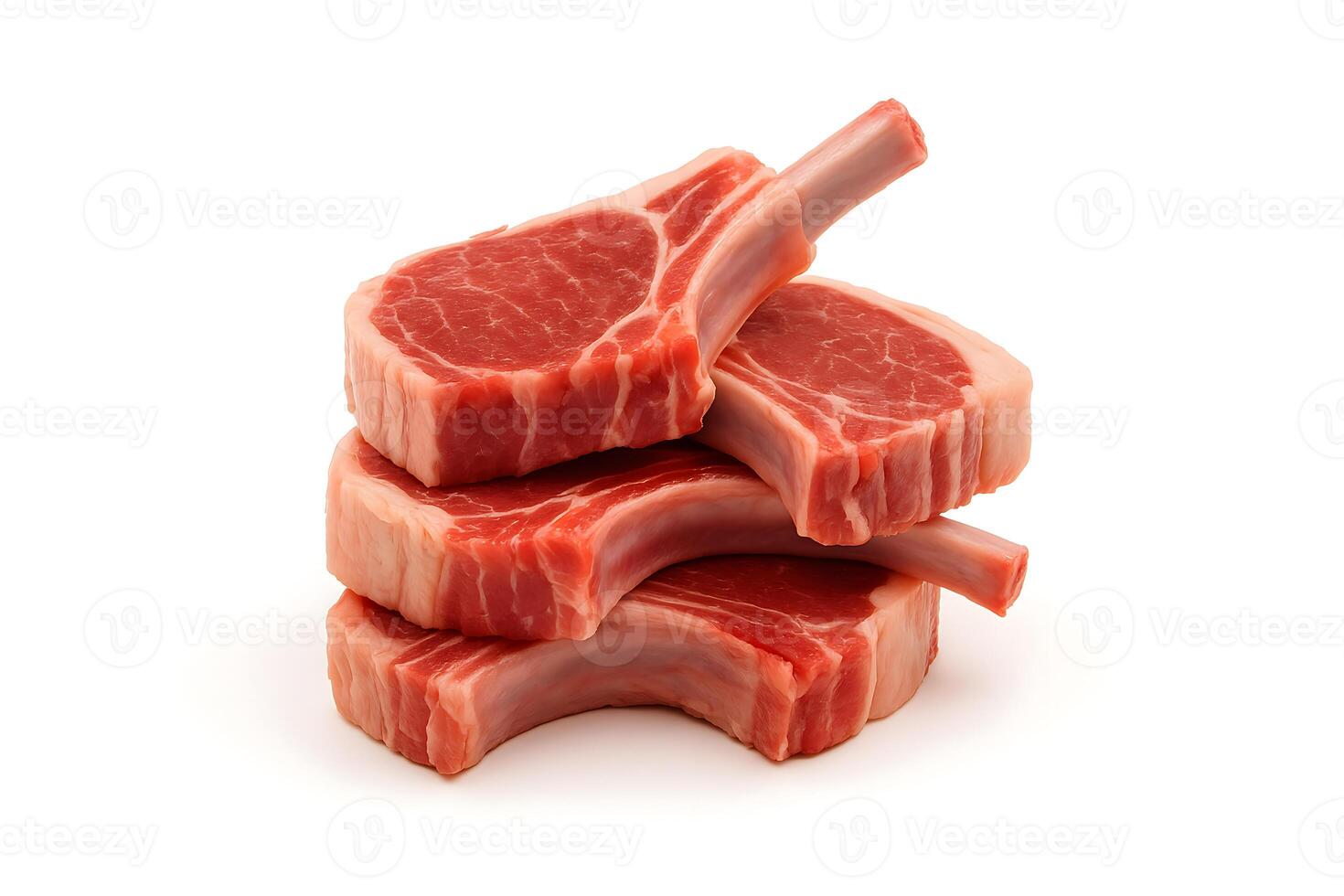 Stack of raw lamb chops with bone on white background, fresh premium meat for grilling, roasting, or gourmet cooking photo