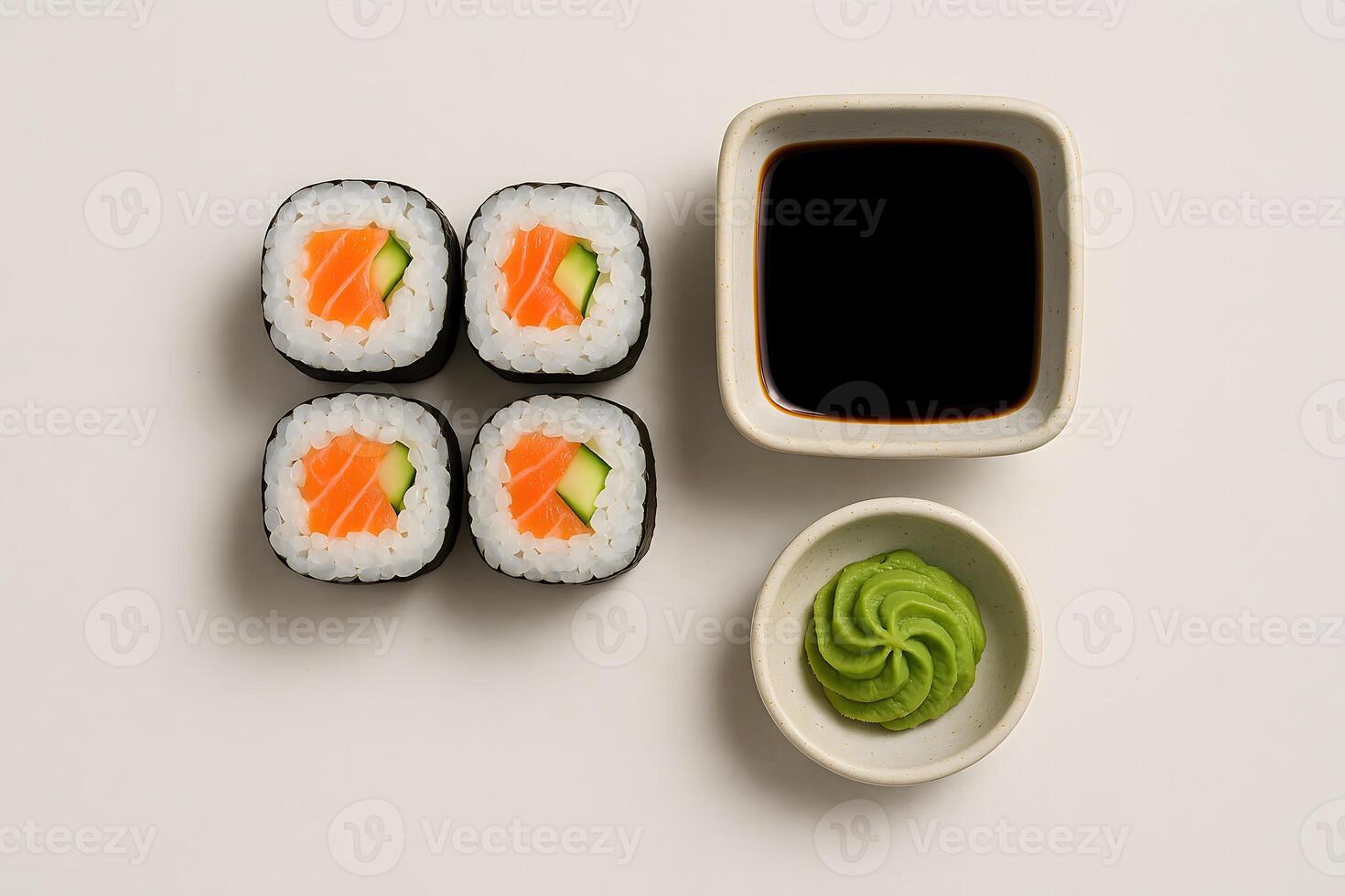 Salmon sushi rolls with cucumber served with soy sauce and wasabi on light background, traditional Japanese cuisine in minimalist style photo