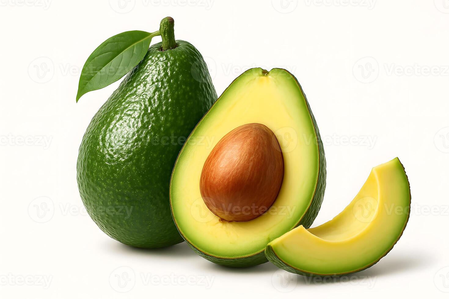 Whole and sliced ripe avocado with seed and leaf on white background, healthy tropical fruit rich in nutrients and healthy fats photo