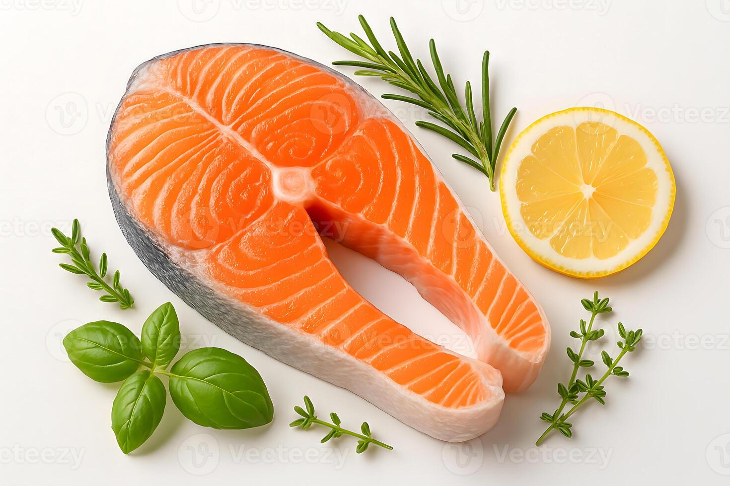Raw salmon steak with fresh herbs and lemon on white background, healthy seafood ingredient for cooking or meal preparation photo