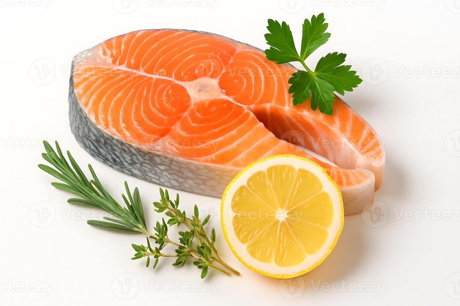 Fresh raw salmon steak with lemon, rosemary, thyme, and parsley on white background, perfect for healthy seafood meals and gourmet cooking photo