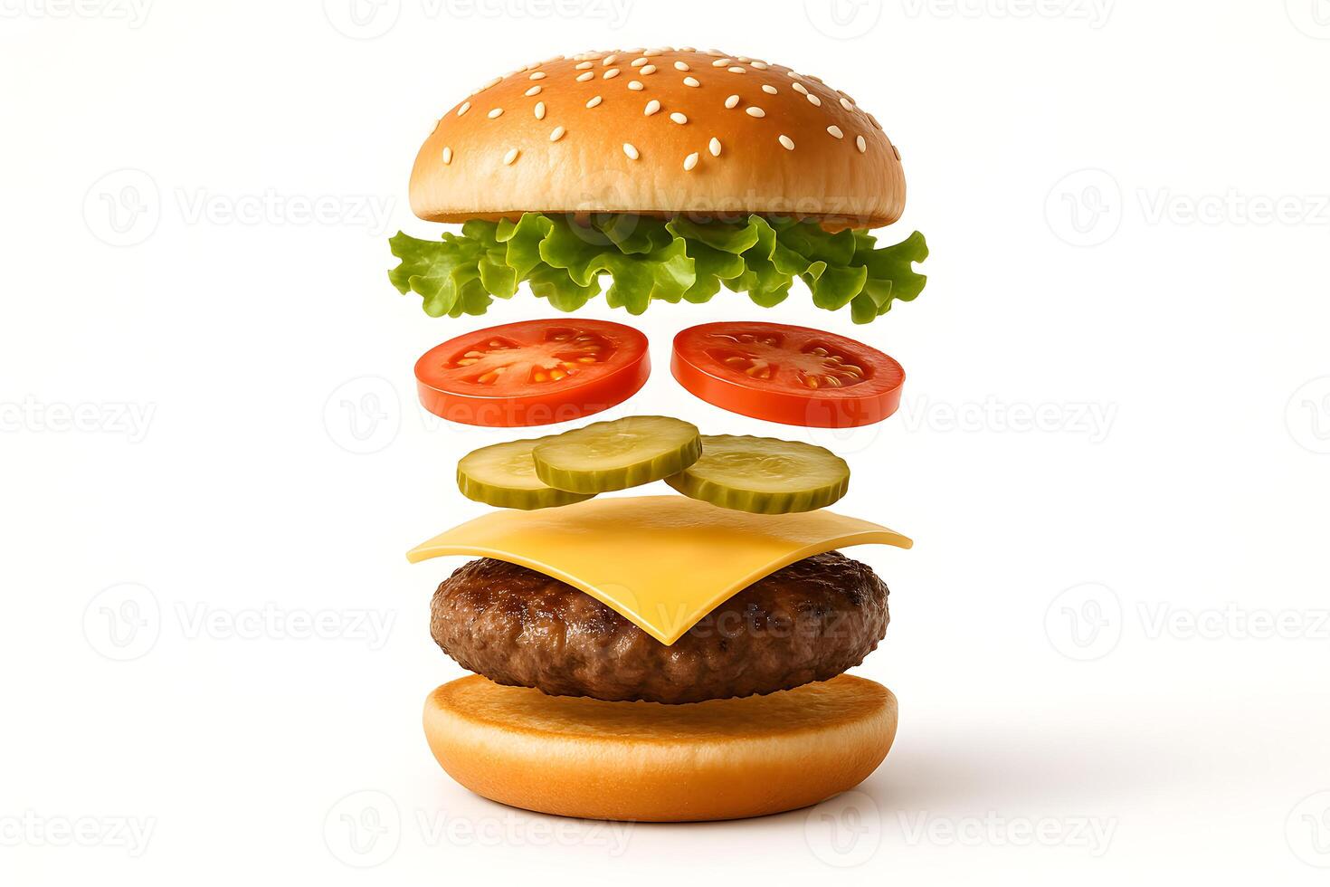 Floating deconstructed cheeseburger with sesame bun, lettuce, tomato, pickles, cheese, and beef patty on white background photo
