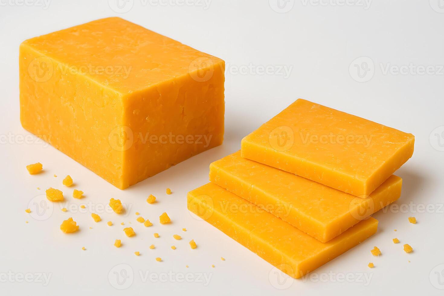 Block and slices of sharp cheddar cheese with crumbs on white background, classic dairy product for cooking, snacking, or pairing photo