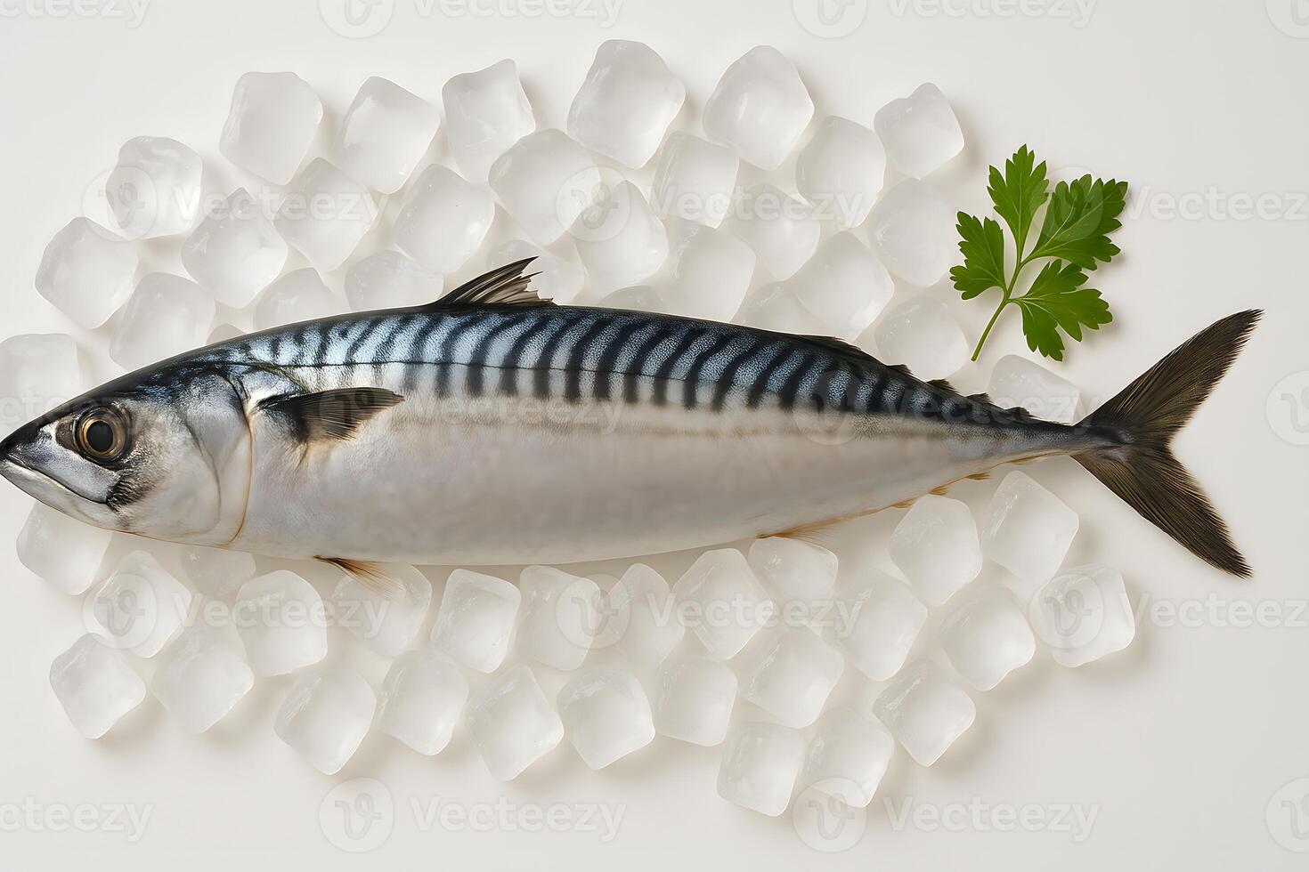 Whole fresh mackerel fish on ice with parsley on white background, perfect for seafood market, cooking, or culinary presentation photo