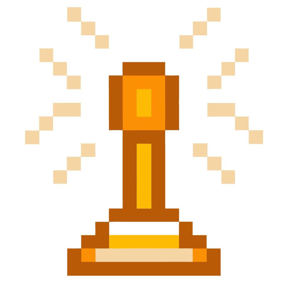 Pixelated golden trophy emitting rays of success and achievement in retro 8 bit vector