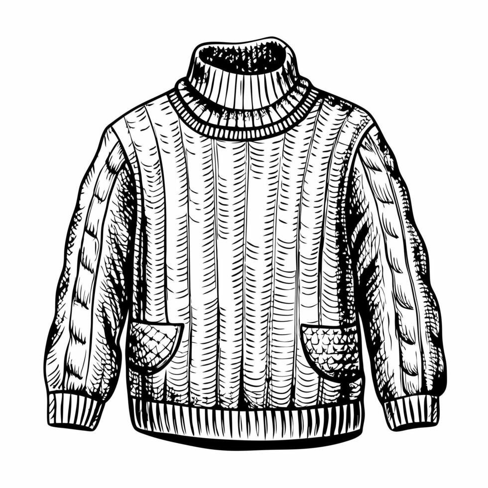 Hand Drawn Cozy Knitted Sweater Illustration in Black and White vector