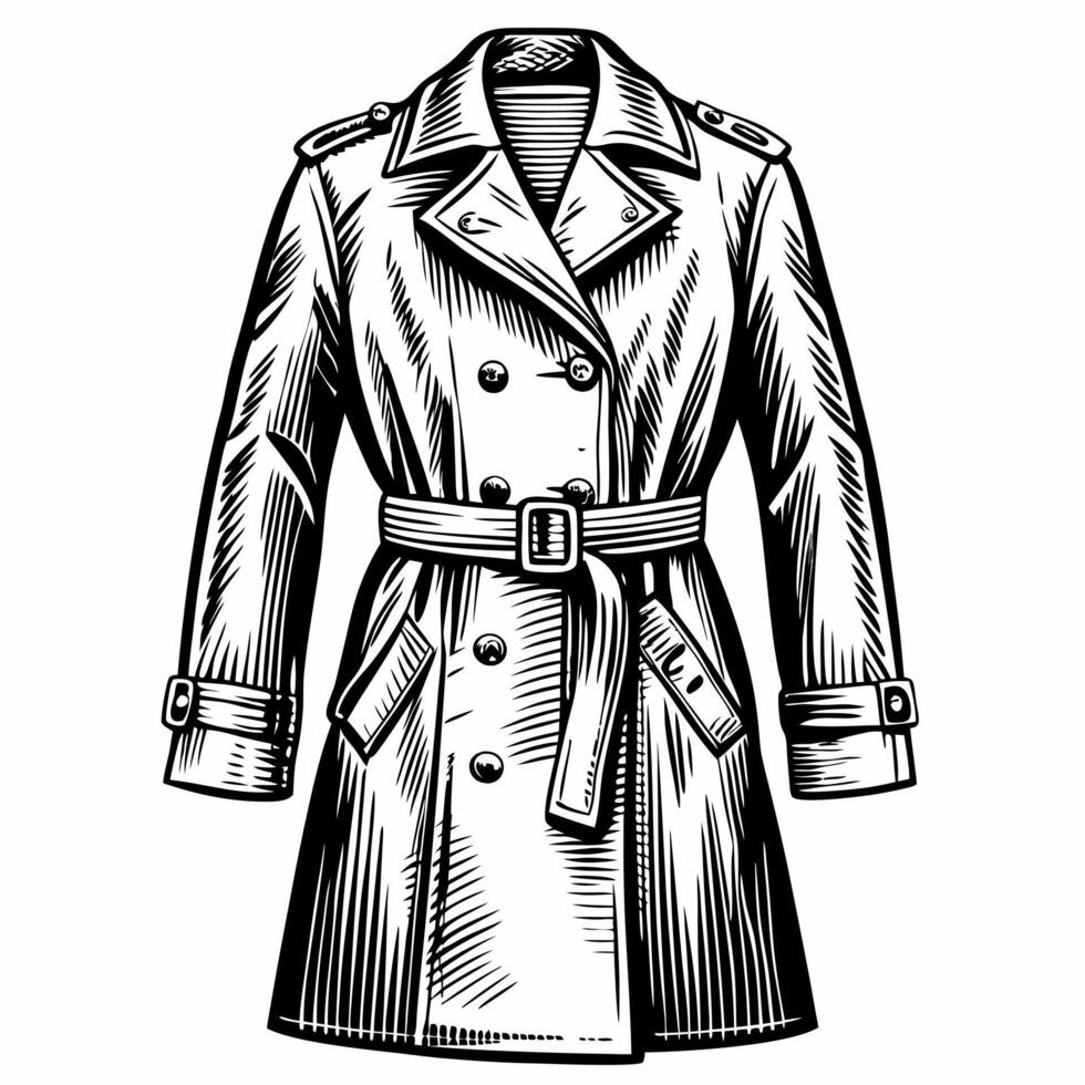 Elegant Vintage Trench Coat Illustration in Black and White Style vector