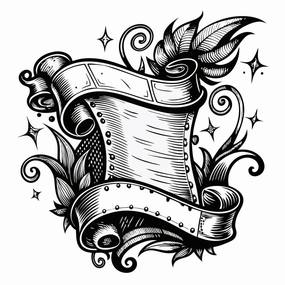 A black and white drawing of a scroll with a leafy border vector