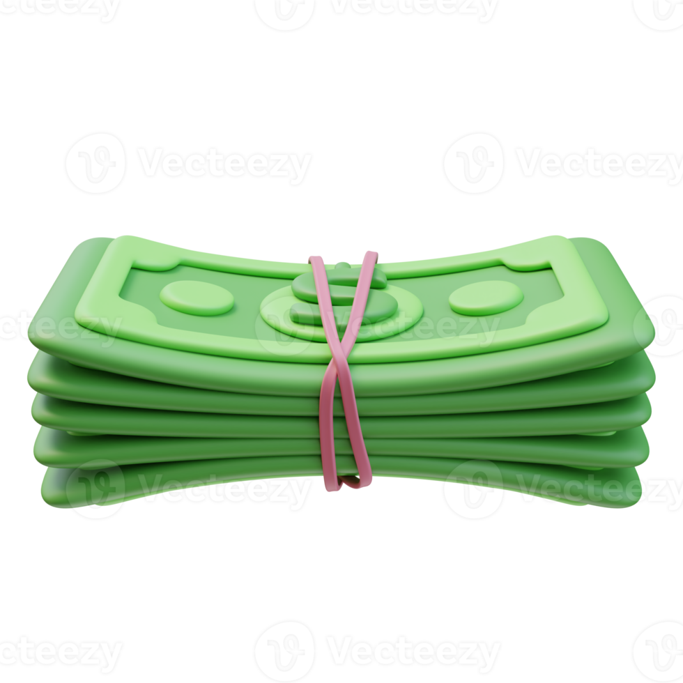 3D Rendering Icon Green Money Banknotes Stack Bundle Tied With Rubber Band Dollar Sign. Money Finance. 3D Illustration png